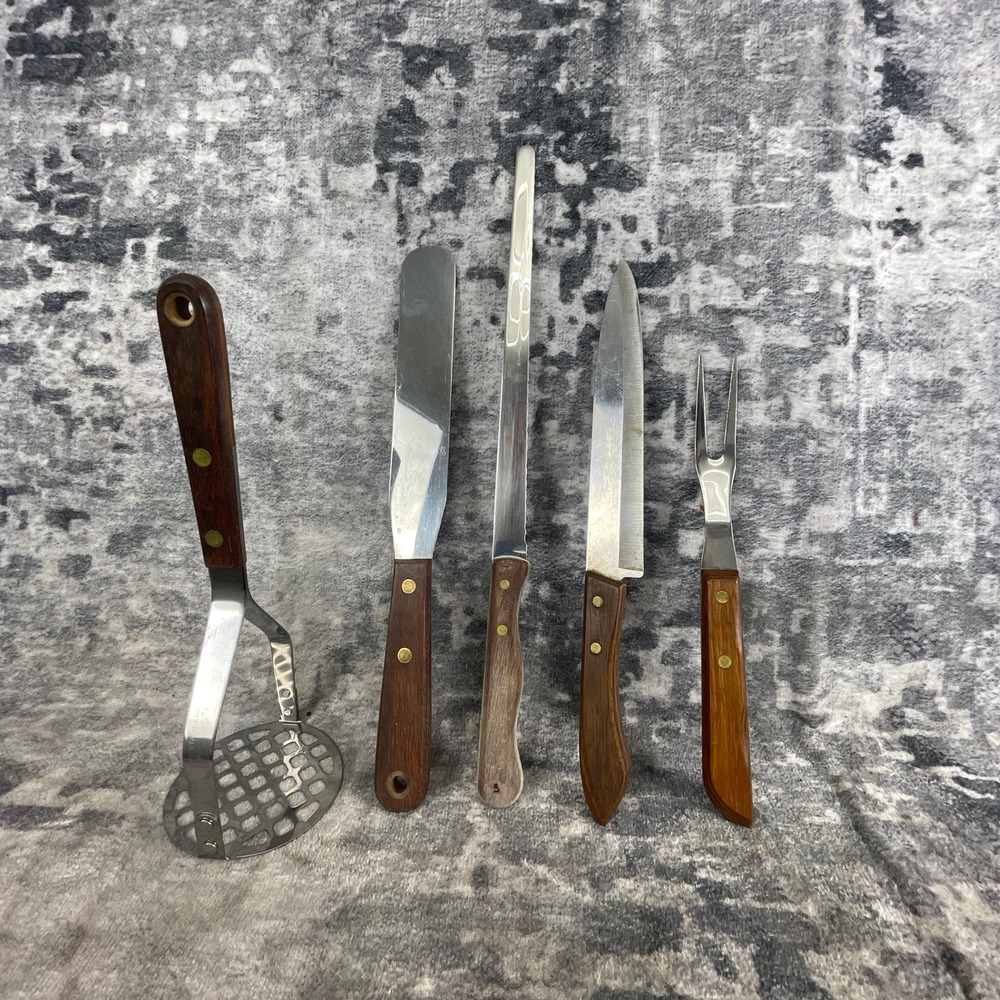 Vtg EKCO Oneida USA 5 Pc‎ Kitchen Utensil Lot Wood Handle Stainless Steel